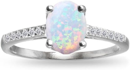 Sterling Silver Synthetic Opal and White Topaz Oval Crown Ring