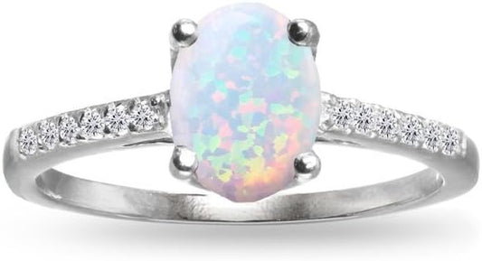 Sterling Silver Synthetic Opal and White Topaz Oval Crown Ring